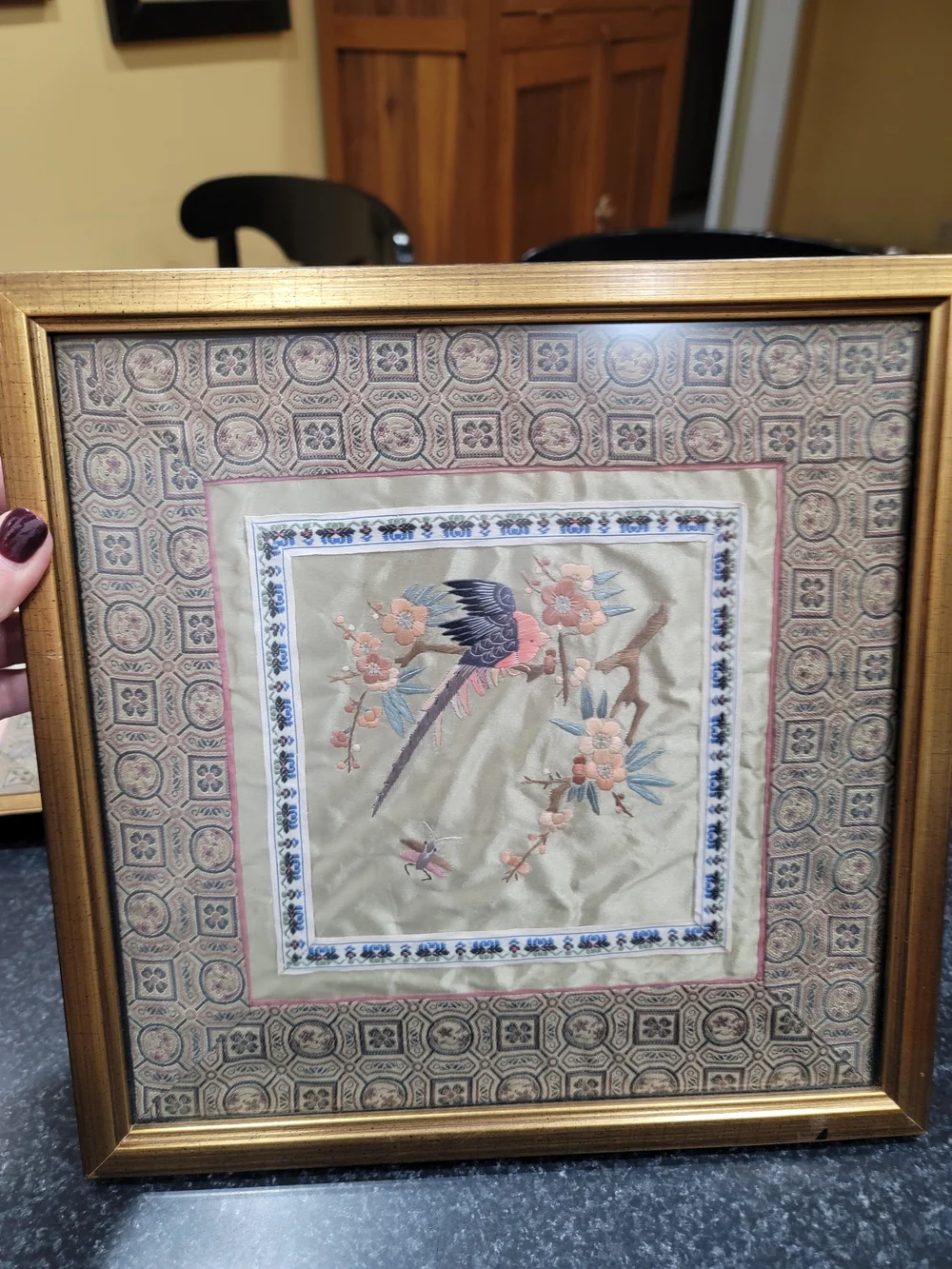 Vintage framed Asian silk embroidery panel Bird Floral Set Of 2
